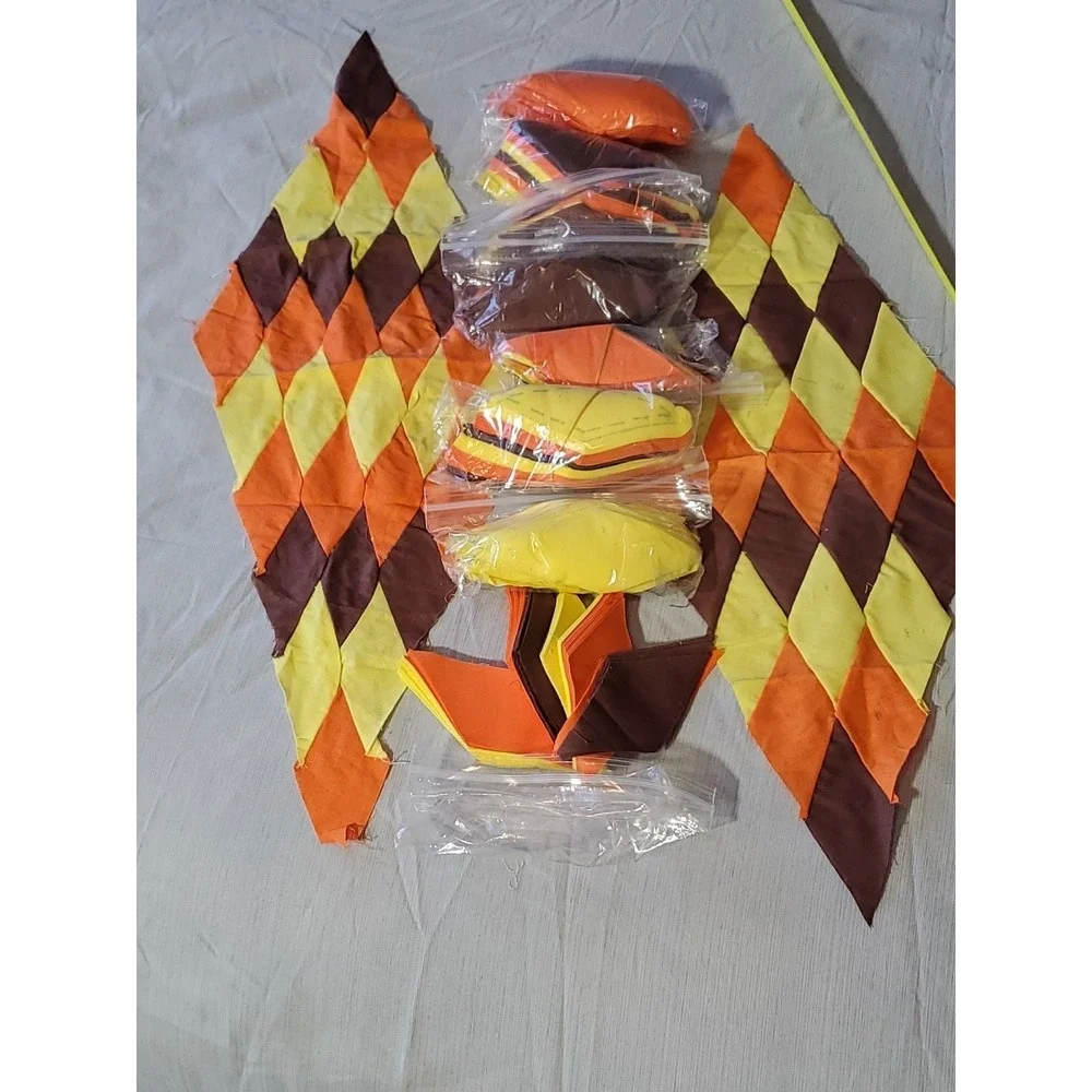 Vntg. Harlequin Diamond Patchwork Quilt Blocks Hand Stitched Orange Brown Yellow